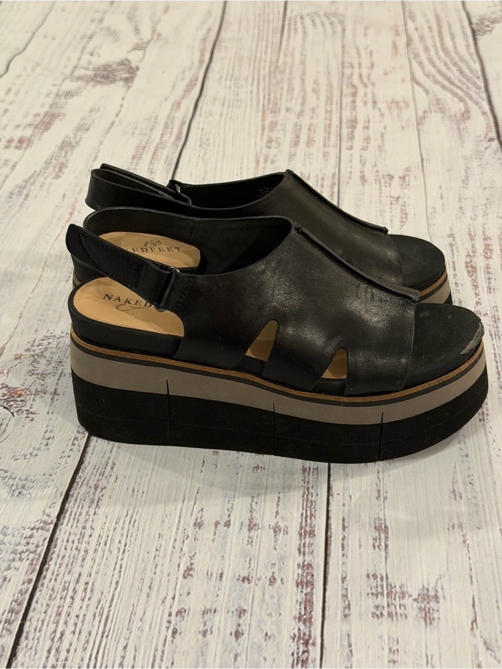 Naked Feet Geo Black Leather High Platform Heel Sandals Women’s 7M Slingback